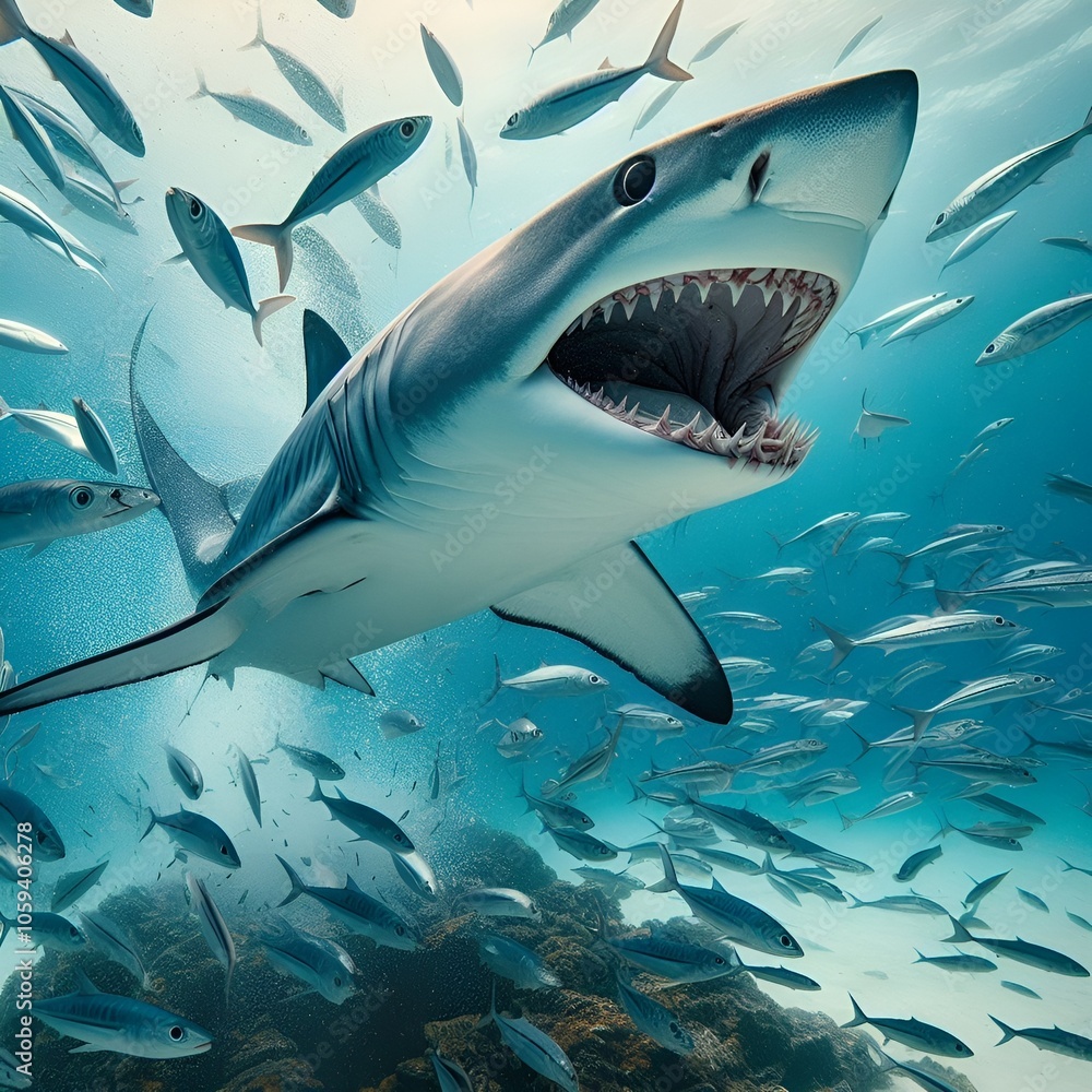 Shortfin Mako, Blue Pointer, Bonito Mackerel Predatory Shark Jumping out of the Water Showing Teeth and Pointed Snout Tropical Temperate Ocean Sea. One of the Fastest Creatures on Earth Shortfin Mako, Blue Pointer, Bonito Mackerel Predatory Shark Jumping out of the Water Showing Teeth and Pointed Snout Tropical Temperate Ocean Sea. One of the Fastest Creatures on Earth