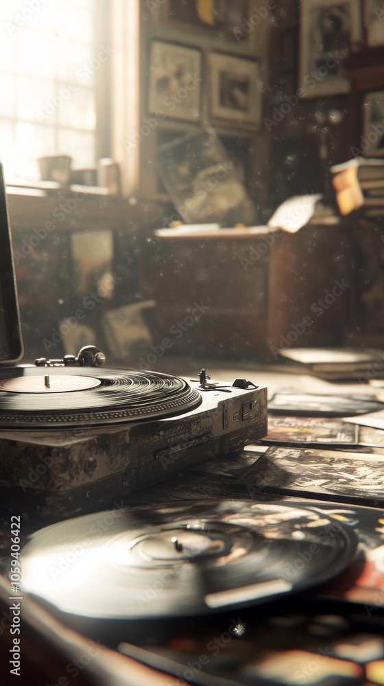 Obraz premium Record player sits on a table with a pile of records