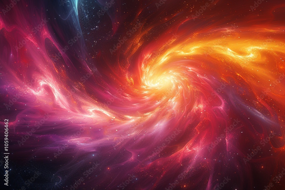 A colorful swirl of stars and galaxies with a bright orange center A colorful swirl of stars and galaxies with a bright orange center