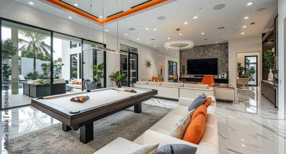Obraz premium Modern Pool Table In Luxury Home With Outdoor Access
