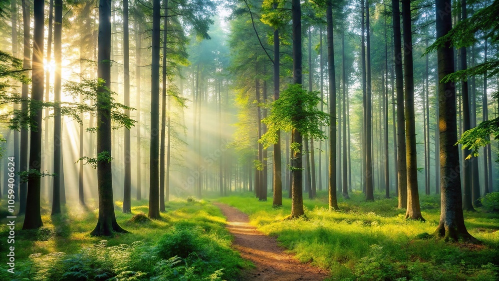 Fototapeta premium A serene summer forest with tall trees and a misty atmosphere, forest, serene, scenic, outdoors