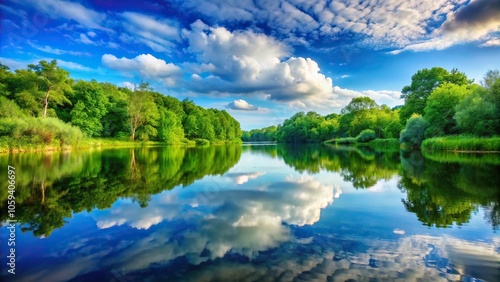 A serene water surface with a few ripples, reflecting the surrounding lush greenery and sky, sky, nature, greenery, peaceful atmosphere, serenity