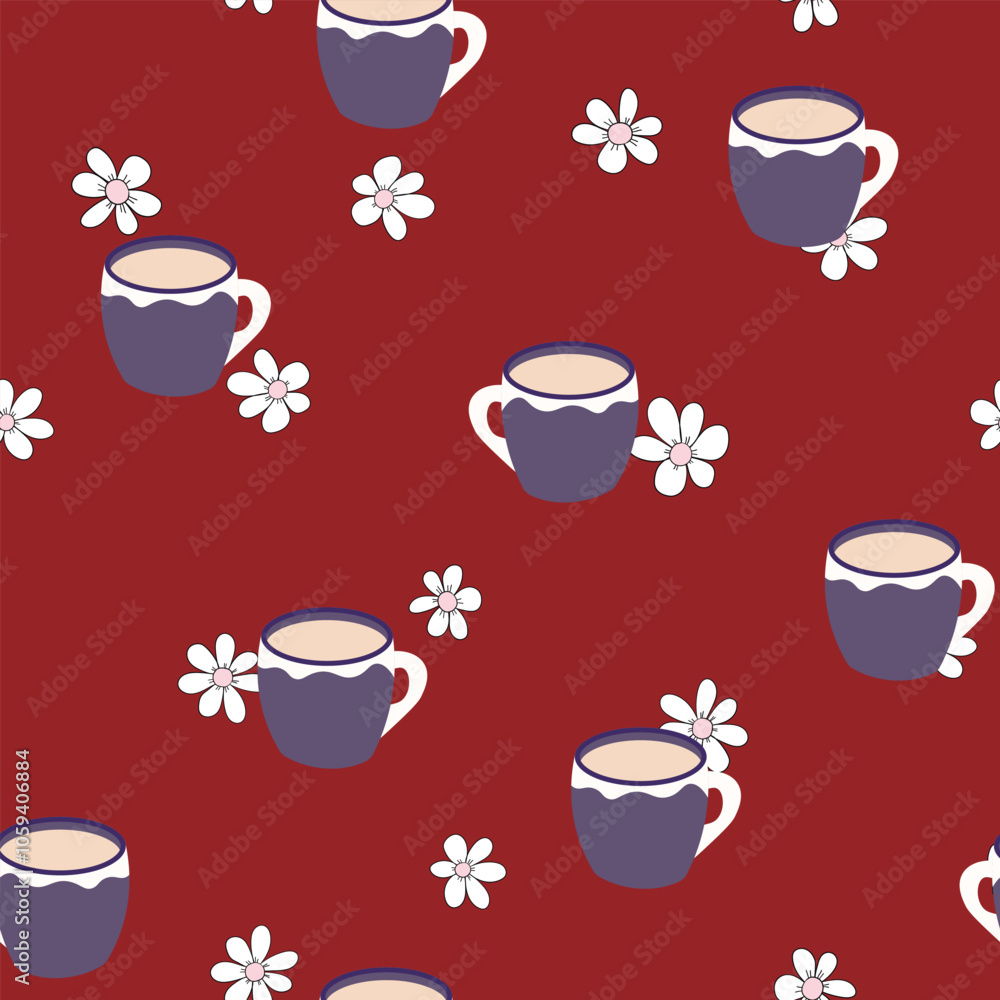 Obraz premium Abstract seamless pattern with color cups. Kitchen doodle background. Design for poster, fabric, textile