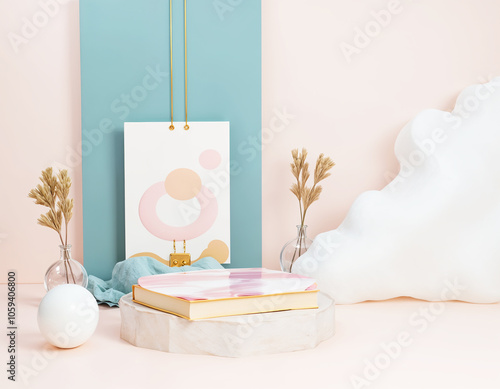 Modern Book Cover Display Scene with Cloud and Sphere photo