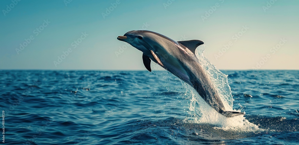 Fototapeta premium A Dolphin Leaps From The Ocean On A Sunny Day