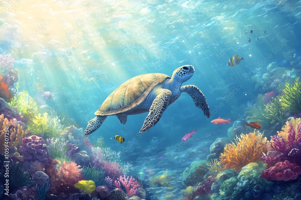 Fototapeta premium sea turtle and coral reef underwater in the ocean habitat, representing tropical fish and aquatic animals