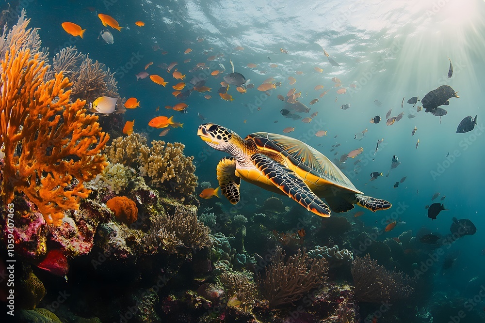 Fototapeta premium sea turtle and coral reef underwater in the ocean habitat, representing tropical fish and aquatic animals