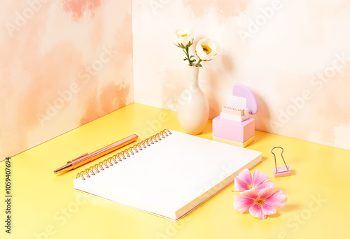 Minimalist Desk Setup Mockup with Notebook and Flowers photo