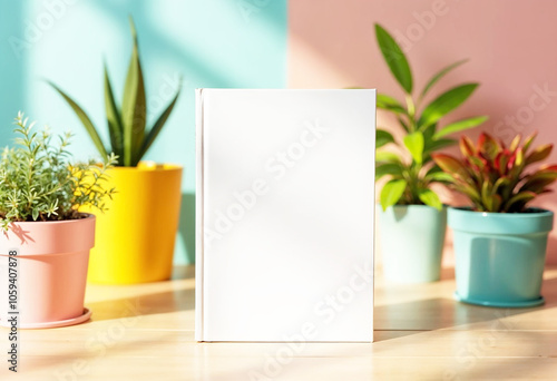 White Book Cover Mockup with Colorful Potted Plants photo