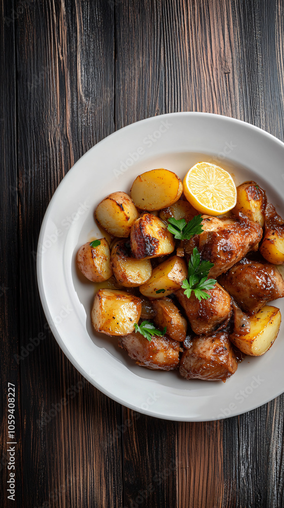 Delicious roasted chicken breast with roasted potatoes on white plate over wooden table Delicious roasted chicken breast with roasted potatoes on white plate over wooden table
