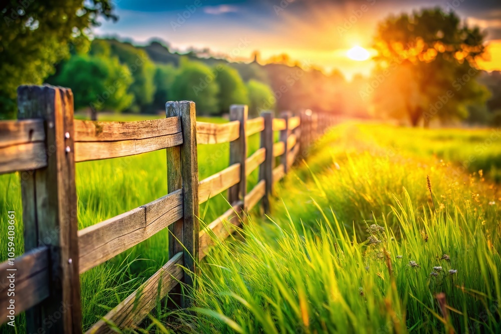 Rustic Wooden Fence Surrounded by Lush Green Grass - Ideal for Nature Landscapes, Outdoor Decor, or Garden Scenes Rustic Wooden Fence Surrounded by Lush Green Grass - Ideal for Nature Landscapes, Outdoor Decor, or Garden Scenes