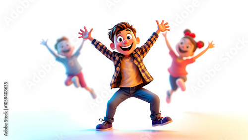 Cheerful Cartoon Boy Jumps with Blurred Friends in Background