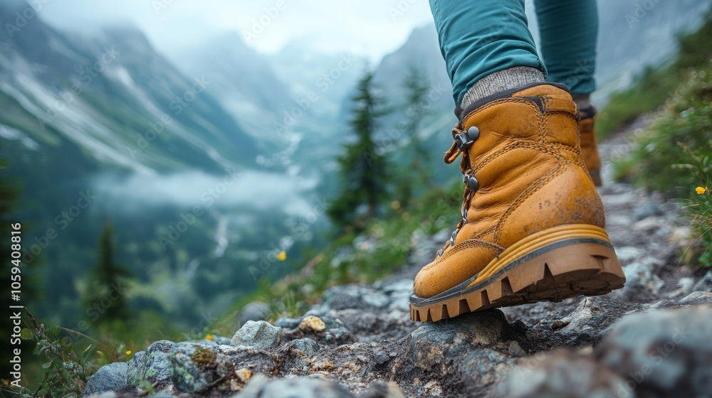 A hiker traverses rocky trails surrounded by towering mountains and lush greenery. The vibrant yellow boots stand out against the soft earth and wildflowers, showcasing adventure. A hiker traverses rocky trails surrounded by towering mountains and lush greenery. The vibrant yellow boots stand out against the soft earth and wildflowers, showcasing adventure.