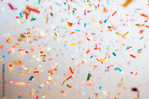 Colorful confetti floating in bright celebration background
