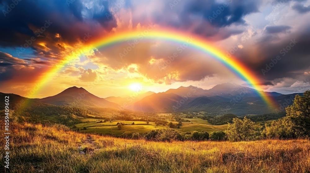 A stunning rainbow arcs over a mountainous landscape at sunset, casting vibrant colors on the serene valley below. A stunning rainbow arcs over a mountainous landscape at sunset, casting vibrant colors on the serene valley below.