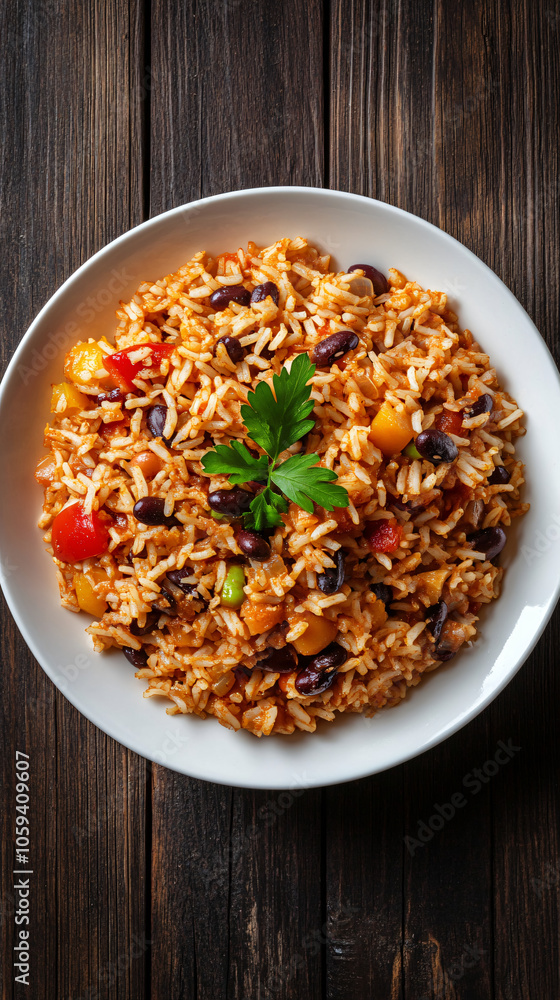 Rustic wooden table serves a plate of delicious spicy rice with vegetables and kidney beans Rustic wooden table serves a plate of delicious spicy rice with vegetables and kidney beans