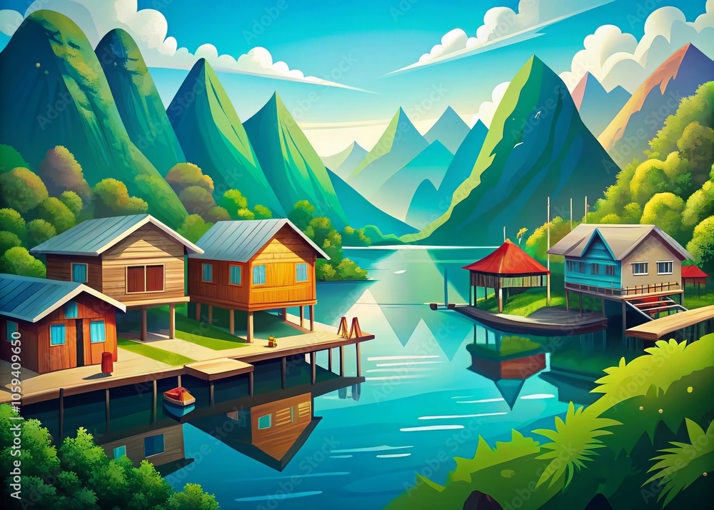 Naklejka premium Scenic Floating Village in Lush Green Mountains Under a Clear Blue Sky - Tranquil Nature Escape, Serene Landscape, Idyllic Waterside Community, Peaceful Retreat, Vibrant Illustration
