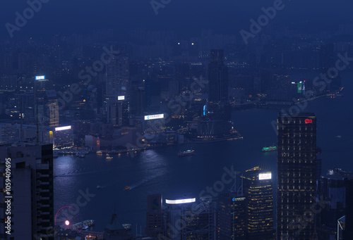 Photography Hongkong China 11.7.2023. Hongkong bay night cityscape skyline