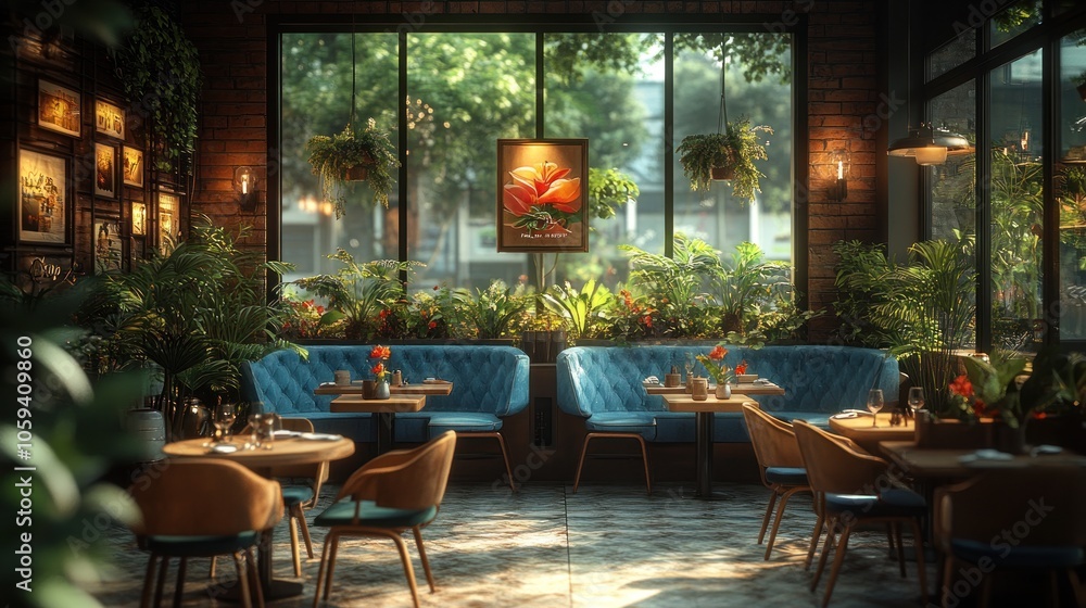 A modern restaurant interior with large windows, blue booths, and a brick wall. Sunlight streams through the windows, illuminating the plants and furniture. A modern restaurant interior with large windows, blue booths, and a brick wall. Sunlight streams through the windows, illuminating the plants and furniture.