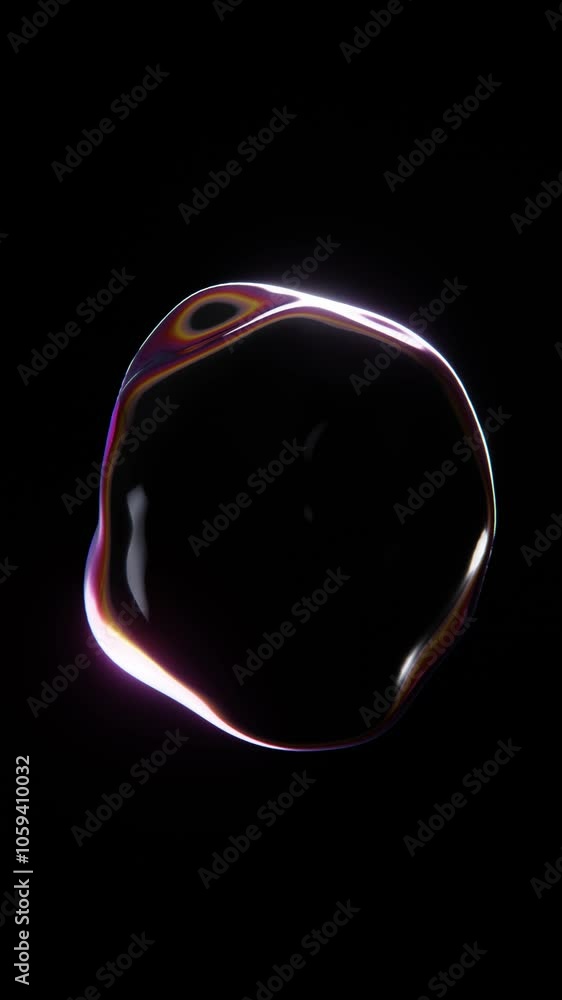 Abstract 3D futuristic shape chrome holographic iridescent prism shape liquid oil gasoline bubble sphere blob fluid gradient colors black backgrounds animation loop vertical social media story poster