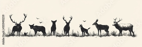 Silhouettes of wild animals stand gracefully, highlighting their unique shapes against a soft background in a serene natural landscape. Generative AI photo