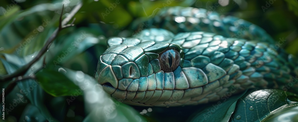Close Up of a Blue Snake in Lush Green Foliage Close Up of a Blue Snake in Lush Green Foliage