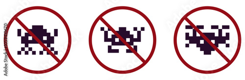 Retro video game ban prohibit icon. Not allowed video games crossed circle