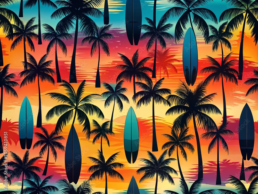 Seamless Pattern of Surfboards, Palm Trees, and Beach Elements for Fabric, Wallpaper, and Decoration - Perfect for Summer Vibes and Coastal Themes Seamless Pattern of Surfboards, Palm Trees, and Beach Elements for Fabric, Wallpaper, and Decoration - Perfect for Summer Vibes and Coastal Themes
