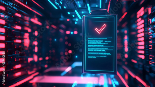 Checklist and certificate hovering in a high-tech environment for marketing quality control-1