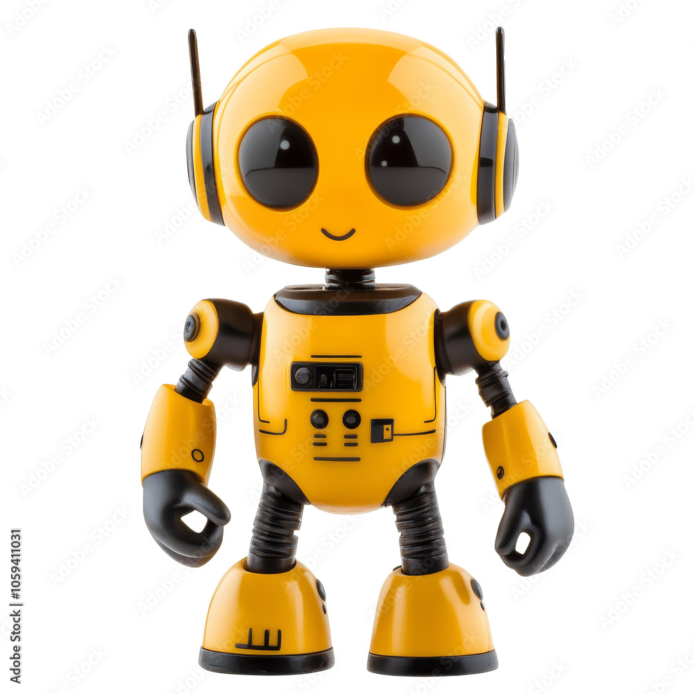 Cheerful yellow robot with headphones and a smile isolated transparent Cheerful yellow robot with headphones and a smile isolated transparent