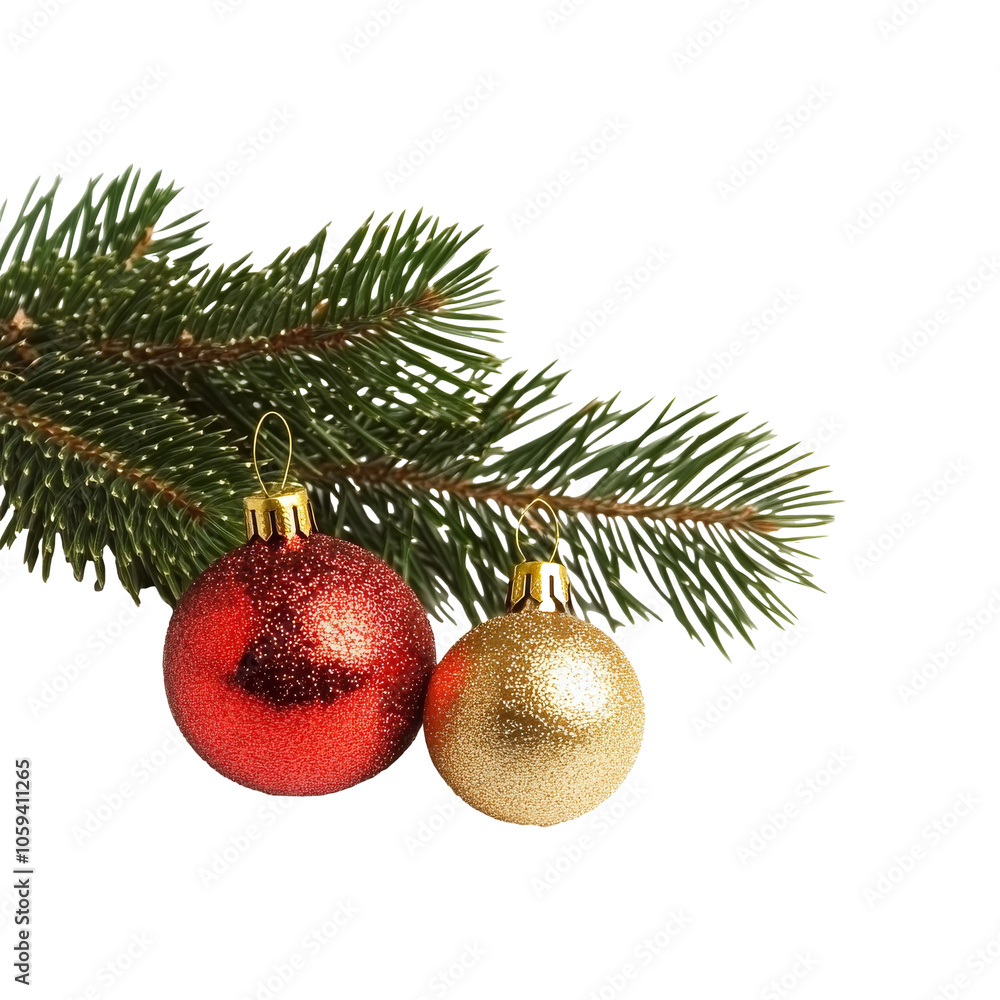 Christmas ornaments resting on a pine branch isolated transparent Christmas ornaments resting on a pine branch isolated transparent