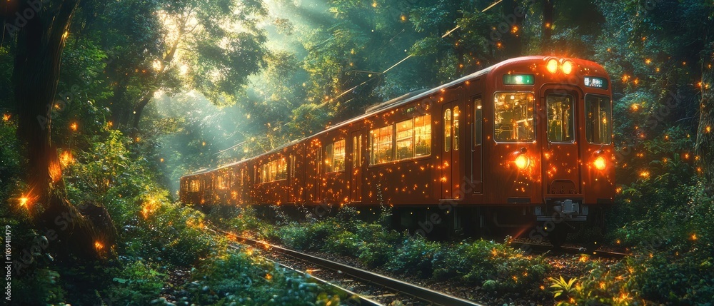 A red train traveling through a lush green forest with glowing fireflies. A red train traveling through a lush green forest with glowing fireflies.