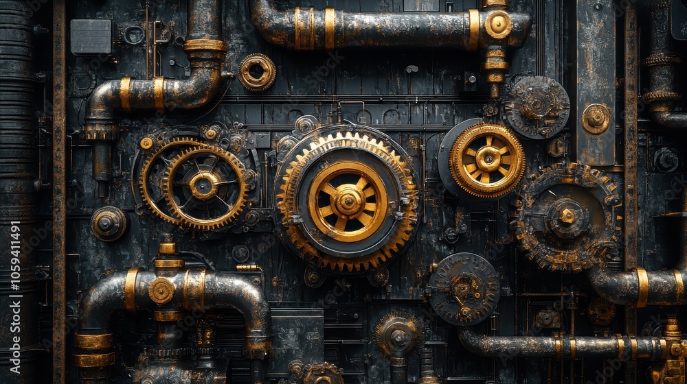 Unique steampunk style featuring gears, cogs, and pipes, designed of sci-fi and industrial aesthetics. black background. Unique steampunk style featuring gears, cogs, and pipes, designed of sci-fi and industrial aesthetics. black background.