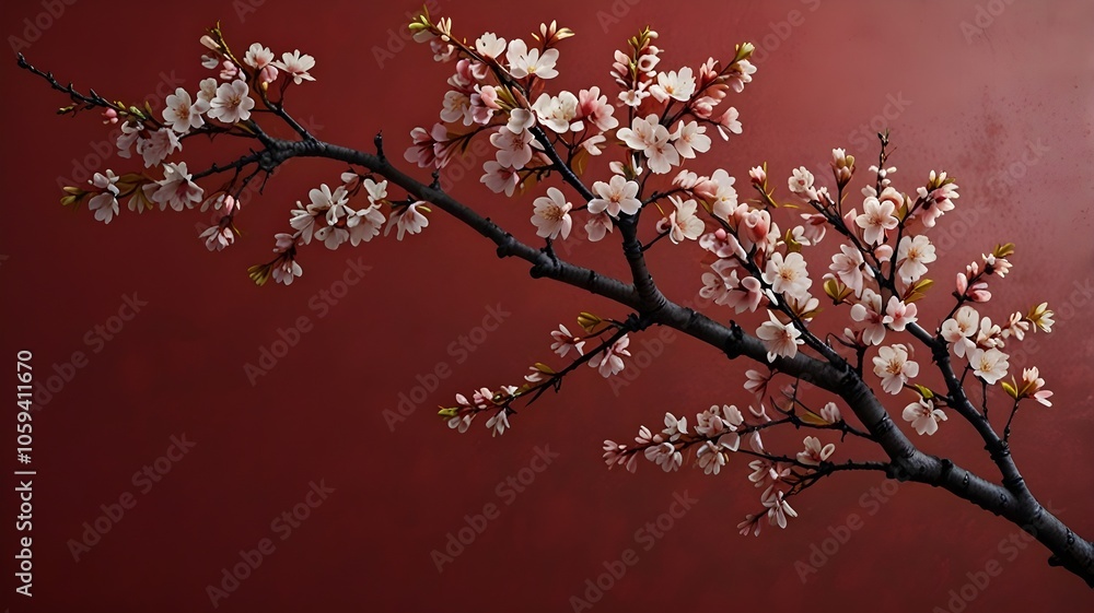 cherry blossom with red background, large space for copy cherry blossom with red background, large space for copy