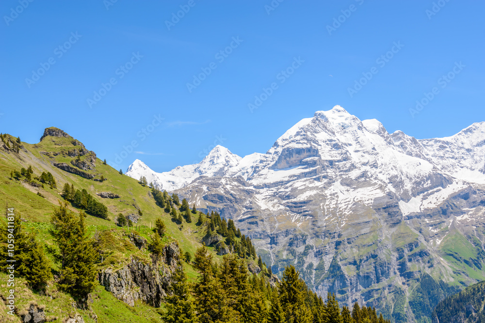 Obraz premium The Swiss Alps at Murren, Switzerland. Jungfrau Region. The valley of Lauterbrunnen from Interlaken.