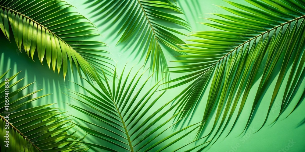 Fototapeta premium Serene Coconut Palm Leaves Casting Shadows on Lush Green Background with Soft White Space