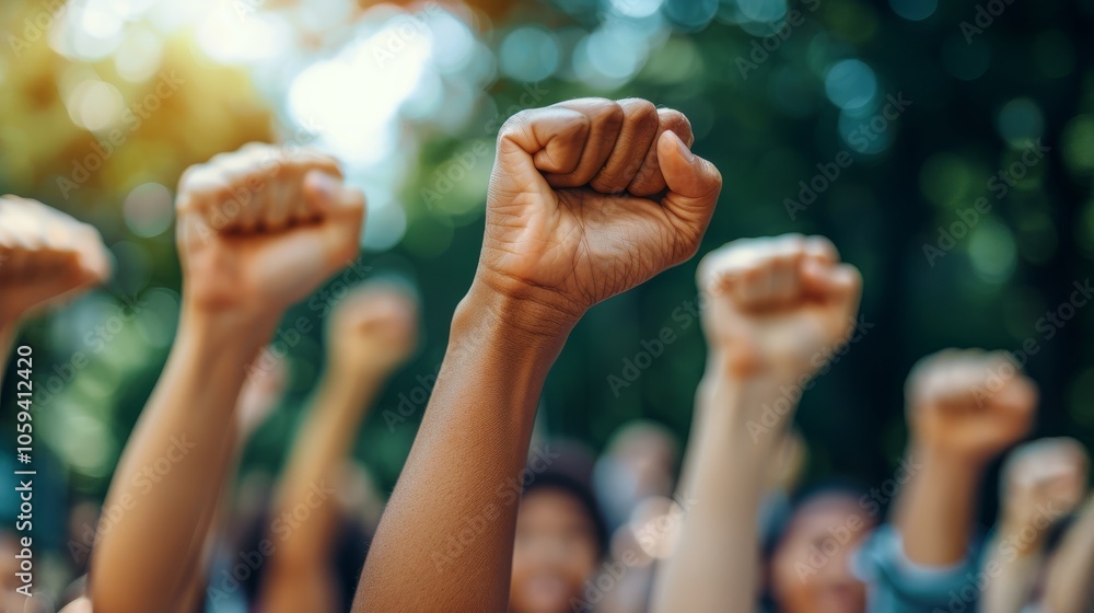 © ArtCookStudio - Diverse Crowd Raising Fists in Unity During a Peaceful Protest in a Park © ArtCookStudio - Diverse Crowd Raising Fists in Unity During a Peaceful Protest in a Park