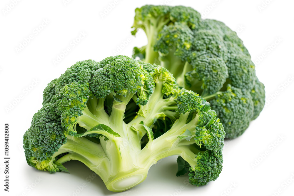 Two large broccoli heads are shown on a white background Two large broccoli heads are shown on a white background