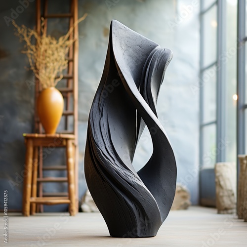 A stunning black sculpture with graceful curves is showcased in a bright, modern interior, This artistic piece enhances contemporary aesthetic spaces and can be used in galleries, homes photo