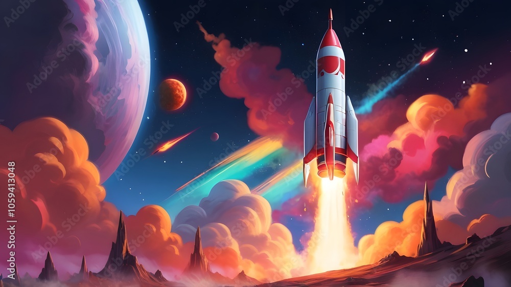 Fototapeta premium rocket launch go fly up Cartoon landscape , galaxy adventure background .
