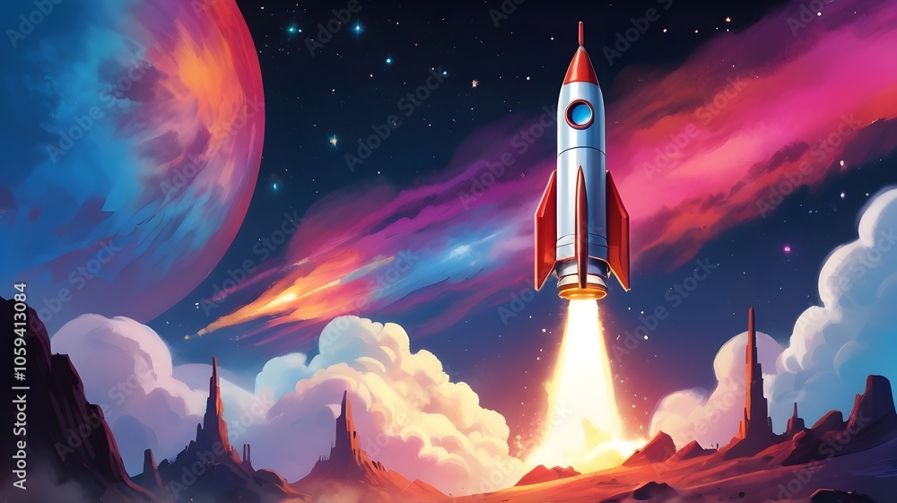 Naklejka premium rocket launch go fly up Cartoon landscape , galaxy adventure background .