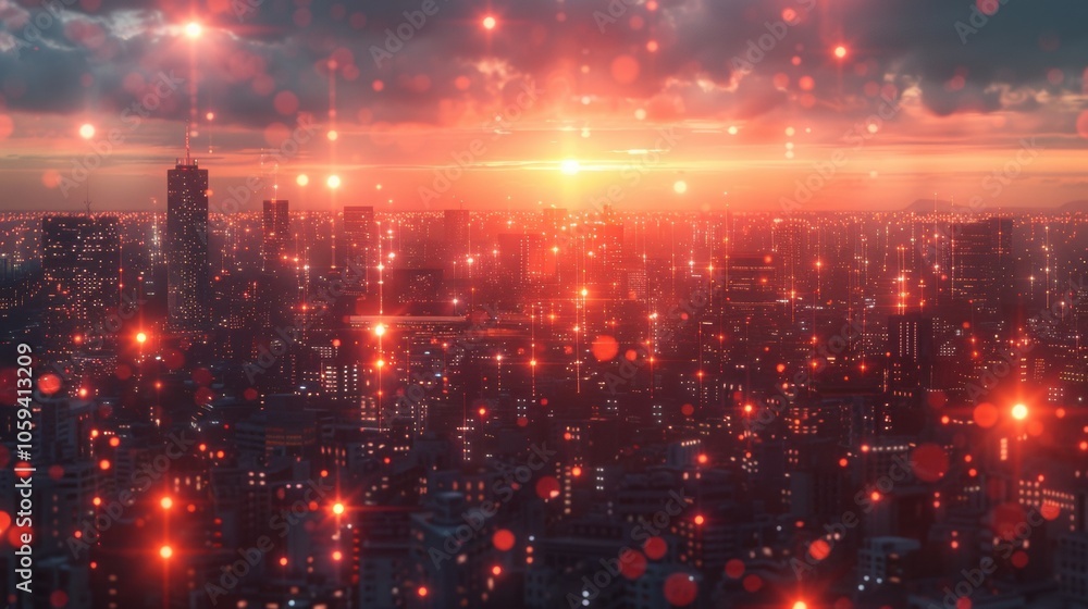 Fototapeta premium A stunning cityscape at sunset, filled with glowing lights and vibrant colors, perfect for use in marketing materials, travel blogs, or artistic projects, Captures the essence of urban beauty,