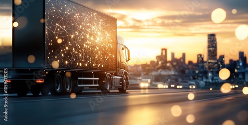 Truck Transportation logistics captured by a commercial blue semi-truck speeding past, highlighting themes of trade, supply chain velocity, and steadfast truck transportation logistics