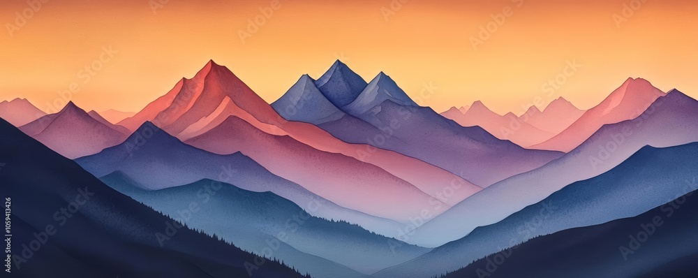 Majestic peaks with gradient colors, Abstract Nature, Mountain Art, Watercolor Illustration Majestic peaks with gradient colors, Abstract Nature, Mountain Art, Watercolor Illustration