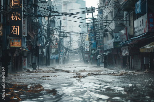 A flooded street with a lot of wires and signs in the background