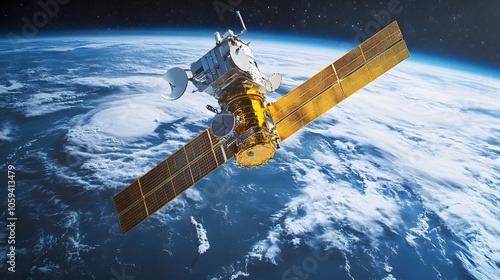 Realistic shot of a satellite floating above the Earth's surface, with the Earth in view and two hurricanes visible on its horizon.