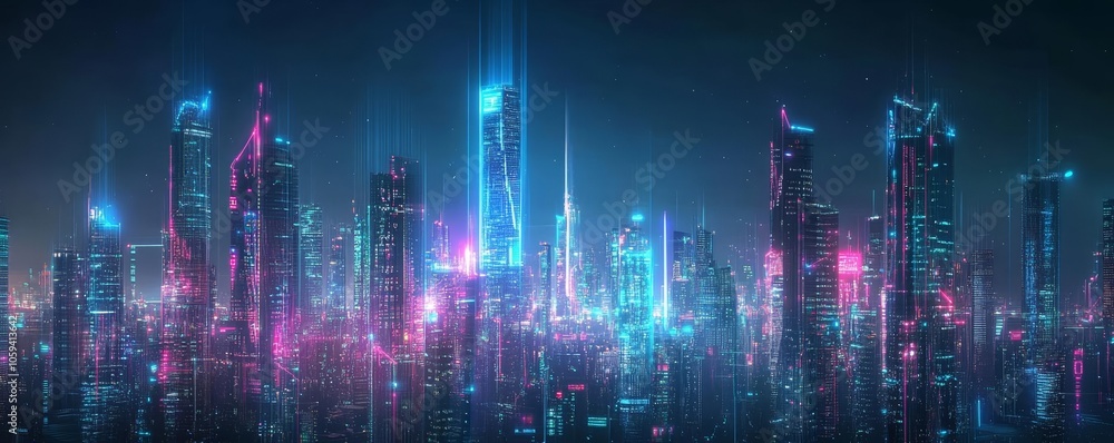 Fototapeta premium Smart city skyline with glowing digital data connection, futuristic and tech-inspired, Smart City, Digital Network, Futuristic Skyline