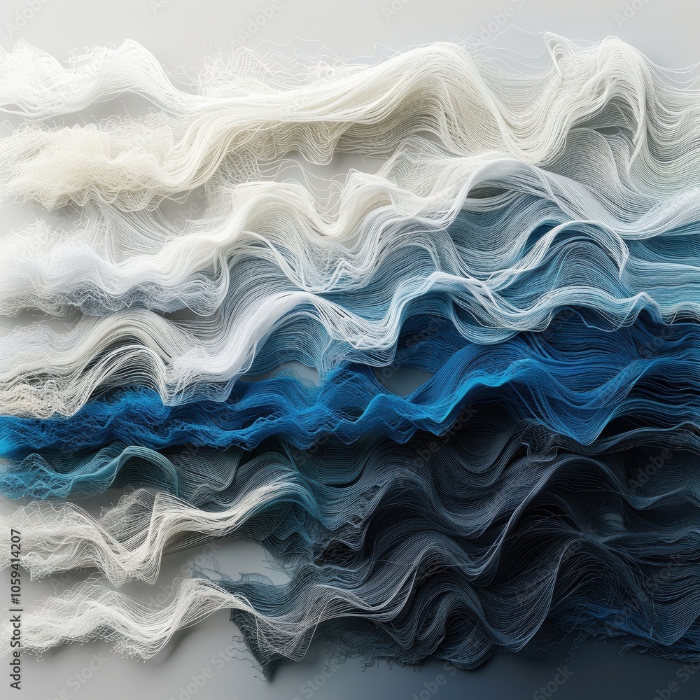 Obraz premium A captivating abstract image of layered wavy lines in shades of blue and white, evoking a sense of fluidity and movement, suitable for backgrounds, digital art projects, or website designs,