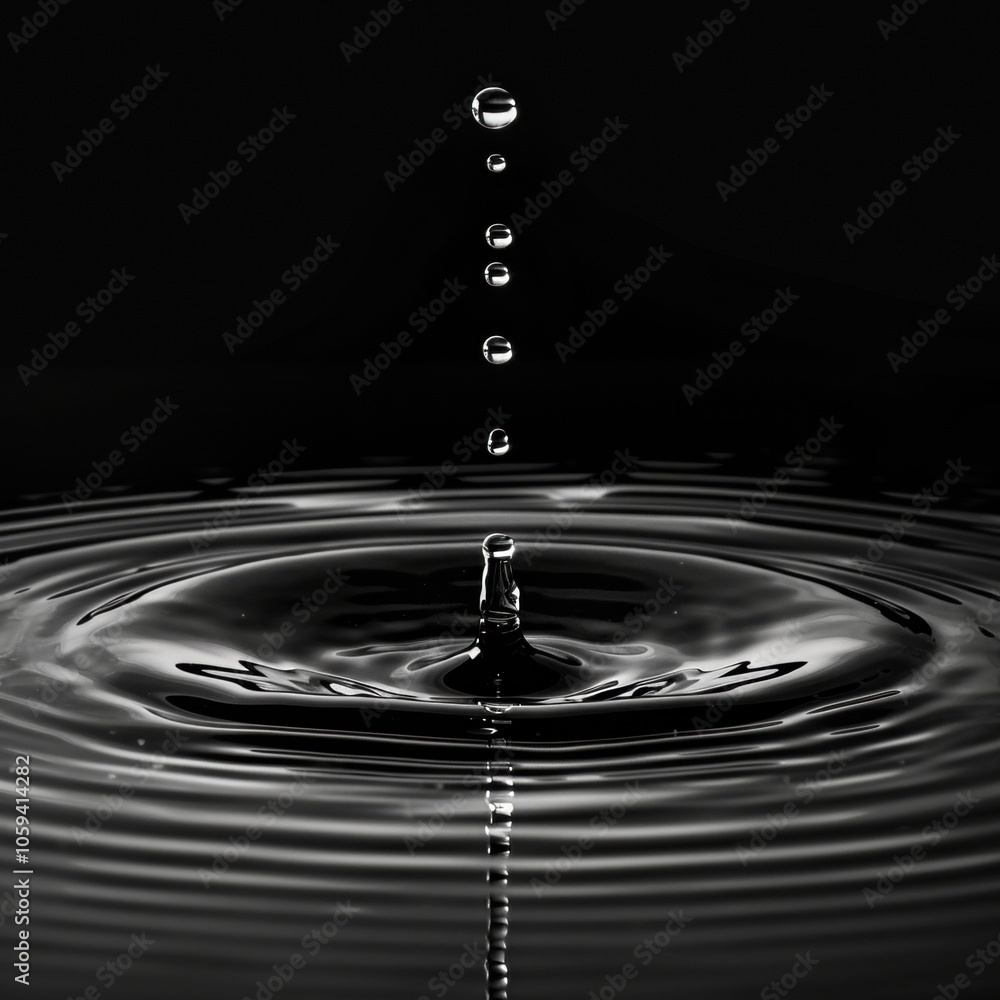 A striking close-up of water droplets creating ripples in a dark background, showcasing elegance and fluidity, Ideal for projects related to nature, wellness, science, or product design, A striking close-up of water droplets creating ripples in a dark background, showcasing elegance and fluidity, Ideal for projects related to nature, wellness, science, or product design,