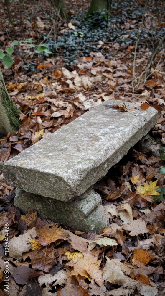 Stone bench is sitting on a pile of leaves Stone bench is sitting on a pile of leaves